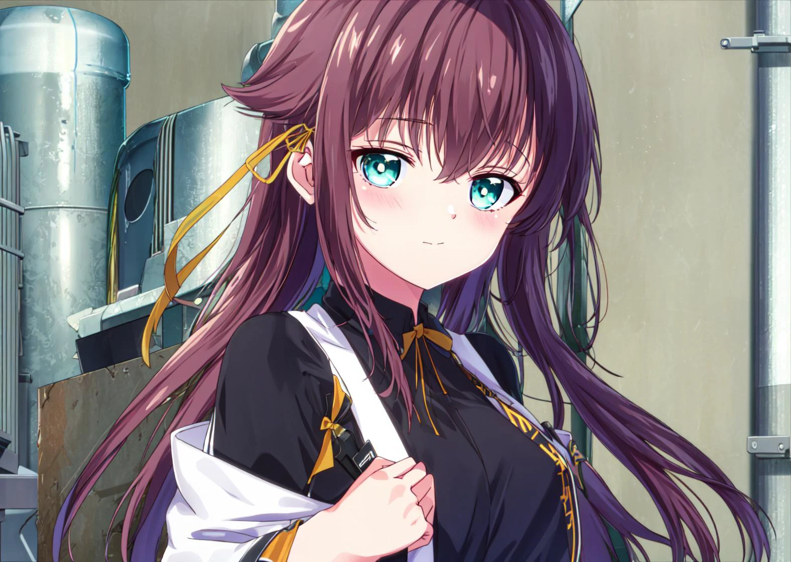 masterpiece, best quality
<lora:kana_kashiwazaki-000008:0.7>
1girl ,(solo),
kanakashiwazaki, aqua eyes, yellow ribbon
crown,
("":1.2)
(factory background:1.2),
" "