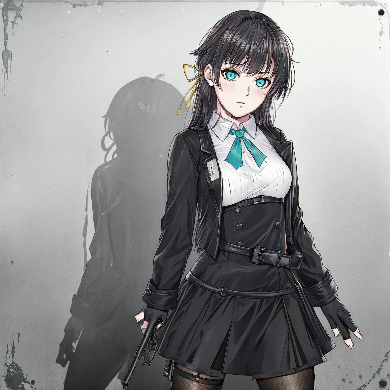 masterpiece, best quality
<lora:kana_kashiwazaki-000008:0.55>
1girl ,(solo),
kanakashiwazaki, aqua eyes, yellow ribbon
kanakashiwazaki, yellow ribbon, aqua eyes,(geisterjaeger uniform), thighhighs, black jacket, fingerless gloves, belt, cleavage, medium breasts, long sleeves,
(standing), upper body,
<lora:marvin:0.66> MANGA, GREYSCALE, MONOCHROME