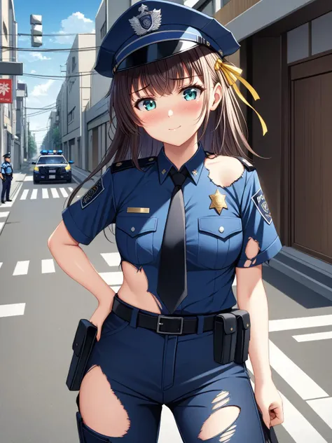 masterpiece , best quality,
<lora:kana_kashiwazaki-sdxl:0.55> kanakashiwazaki, yellow ribbon, aqua eyes,
1girl,solo
(nervous smile,sad),worried,
torn clothes, ((blue police uniform)), torn uniform, blue pants, skin,
outdoors, street corner,