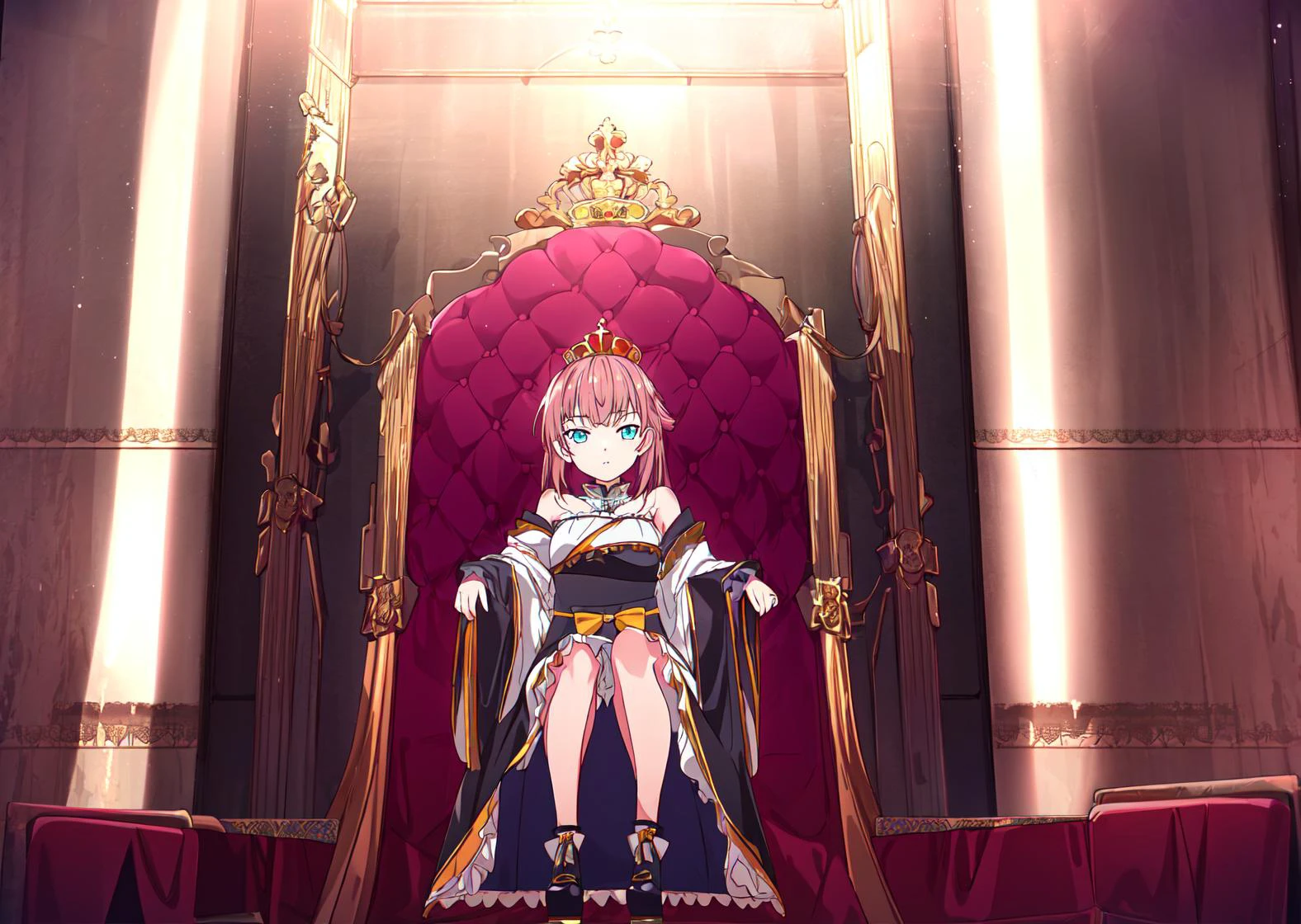 masterpiece, best quality
<lora:kana_kashiwazaki-000008:0.7>
1girl ,(solo),
kanakashiwazaki, aqua eyes, yellow ribbon
royal hair,
(" ":1.2)
(sitting on throne, throneroom, luxurios room, decorations:1.2),
cyberpunk