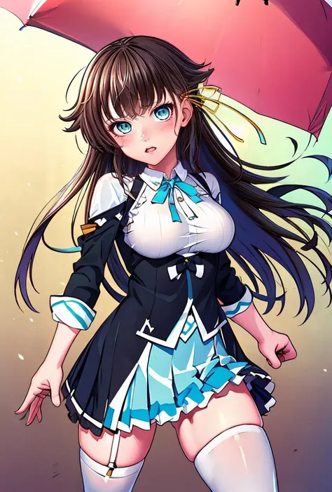 (masterpiece, best quality), 1girl, <lora:kana_kashiwazaki-000008:0.8> kanakashiwazaki, yellow ribbon, aqua eyes, white shirt, collared shirt, thighhighs,medium breasts, frills, neck ribbon, pleated skirt,