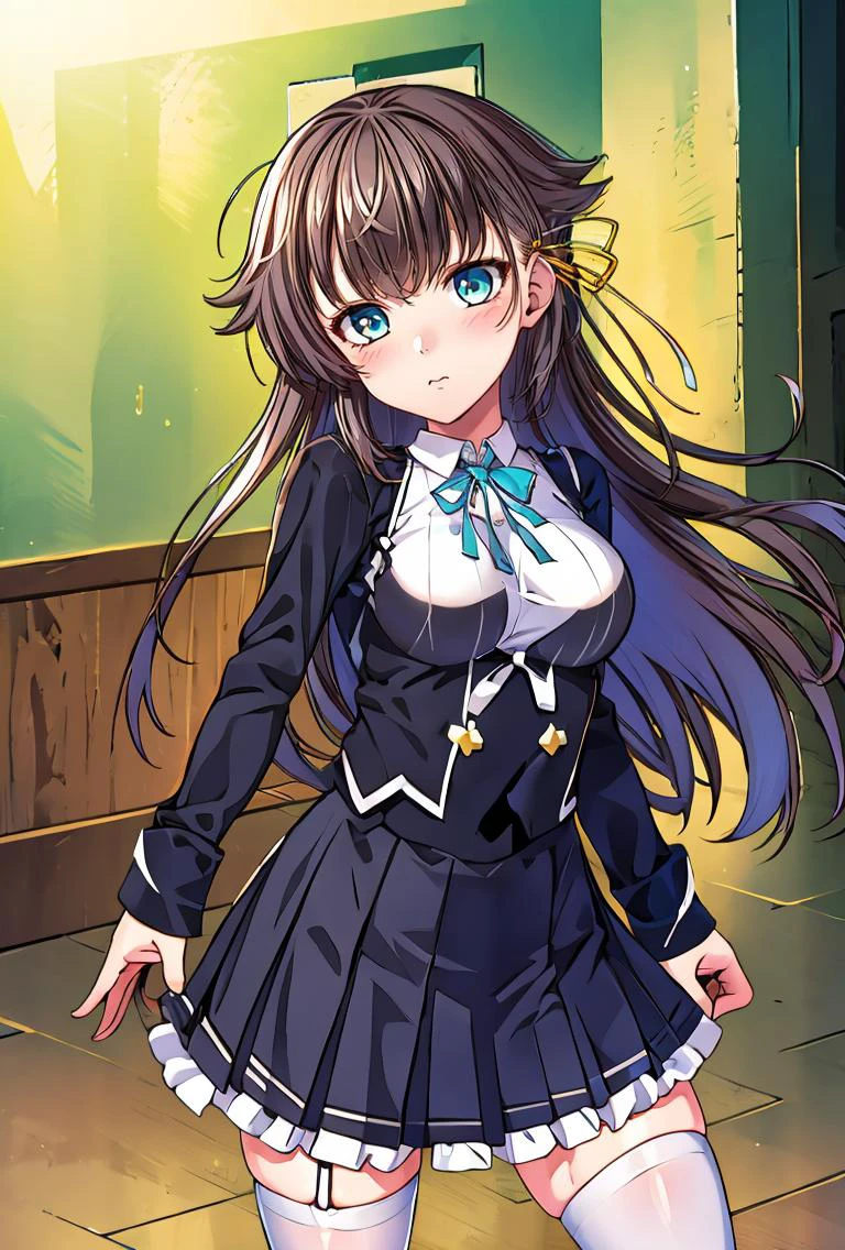 (masterpiece, best quality), 1girl, <lora:kana_kashiwazaki-000008:0.8> kanakashiwazaki, yellow ribbon, aqua eyes, white shirt, collared shirt, thighhighs,medium breasts, frills, neck ribbon, pleated skirt,