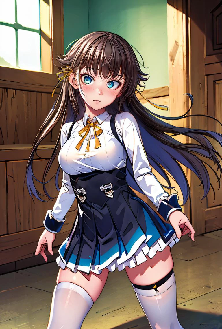 (masterpiece, best quality), 1girl, <lora:kana_kashiwazaki-000008:0.8> kanakashiwazaki, yellow ribbon, aqua eyes, white shirt, collared shirt, thighhighs,medium breasts, frills, neck ribbon, pleated skirt,