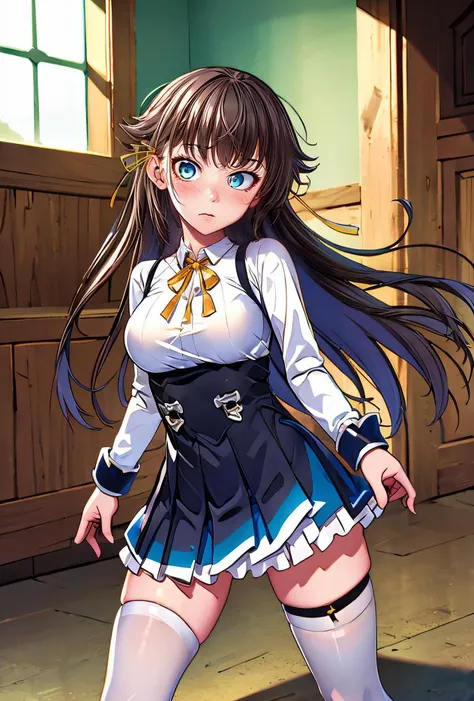 (masterpiece, best quality), 1girl,  <lora:kana_kashiwazaki-000008:0.8> kanakashiwazaki, yellow ribbon, aqua eyes, white shirt, collared shirt, thighhighs,medium breasts, frills, neck ribbon, pleated skirt,