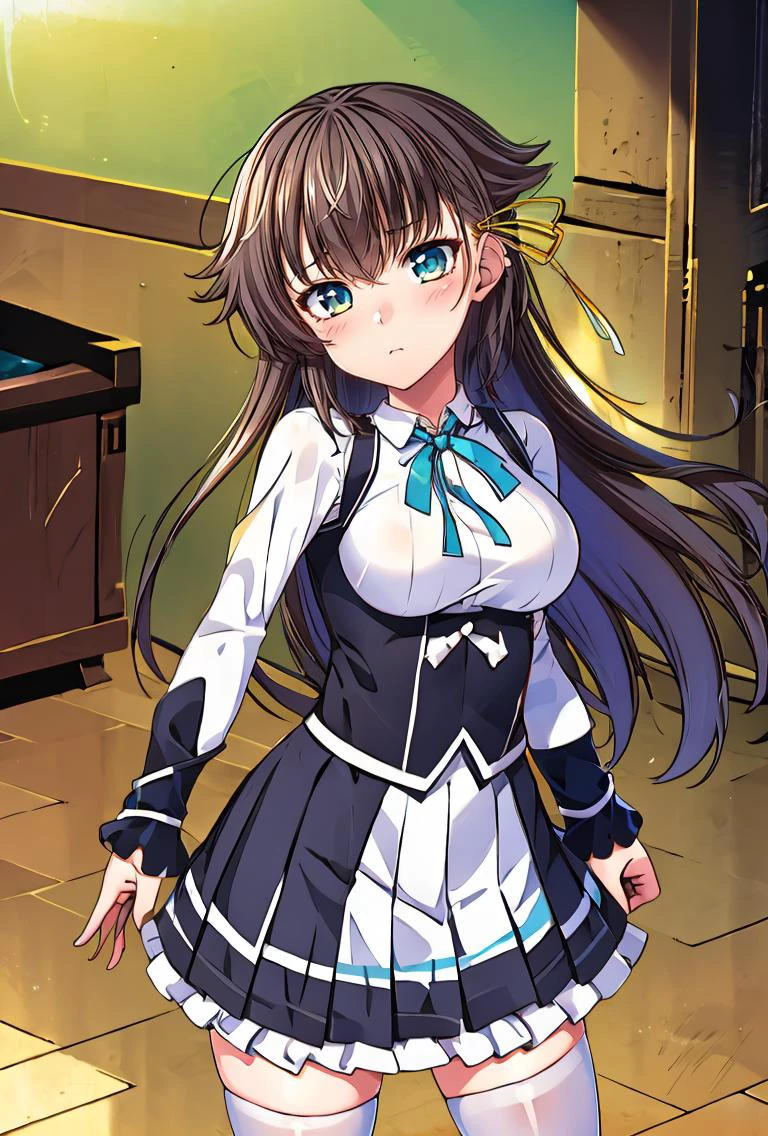 (masterpiece, best quality), 1girl, <lora:kana_kashiwazaki-000008:0.8> kanakashiwazaki, yellow ribbon, aqua eyes, white shirt, collared shirt, thighhighs,medium breasts, frills, neck ribbon, pleated skirt,