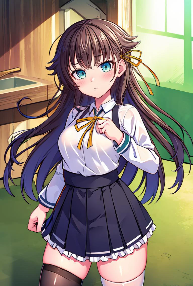 (masterpiece, best quality), 1girl, <lora:kana_kashiwazaki-000008:0.8> kanakashiwazaki, yellow ribbon, aqua eyes, white shirt, collared shirt, thighhighs,medium breasts, frills, neck ribbon, pleated skirt,