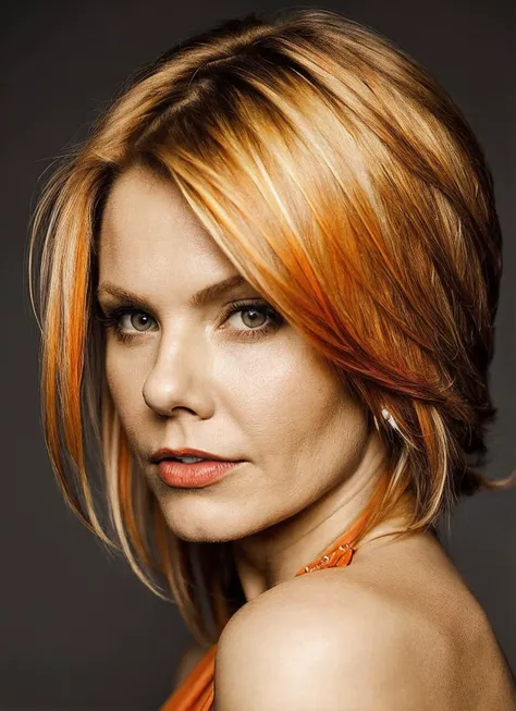 portrait of sks woman by Flora Borsi, style by Flora Borsi, bold, bright colours, orange Mohawk haircut, ((Flora Borsi)), <lora:locon_andrearoth_v1_from_v1_64_32:1.25>