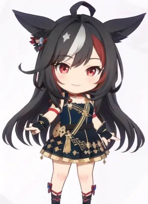 (masterpiece:1.3), (best quality:1.2),1girl,SDUMA,chibi,full body,red eyes,smile,long hair,multicolored hair,colored inner hair,black hair,white hair, ,