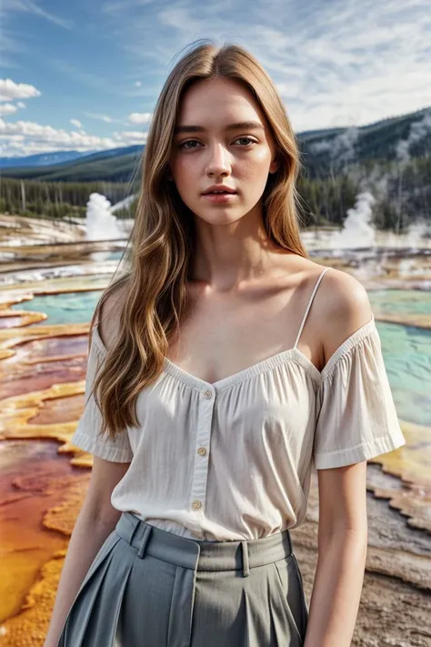 European woman, closeup, (shirt), pants, (yellowstone), (), ZM_cindy, wide shoulders, perfect face, (contact iris: 1.1), pale skin, skin pores , depth of field