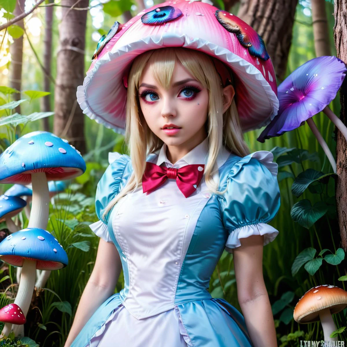 <lora:add-detail-xl:0.8> Alice in wonderland fairy outfit cosplay with mushroom costume, in the style of tanya shatseva, artgerm, leiji matsumoto, crimson and aquamarine, exacting precision, wimmelbilder, streaked<lora:Aether_Glitch_v1_LoRA (1):1> <lora:pasteldark:1> <lora:Next_Fashion:1> <lora:bigeyes-xl-v1:0.1> big eyes, anime eyes