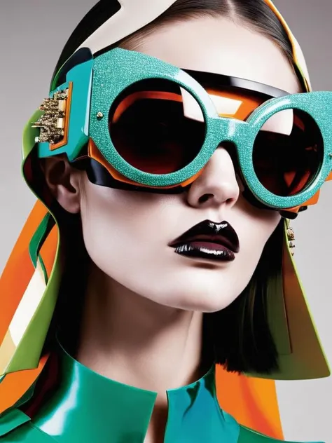 A visionary model leads the virtual vanguard, her glitched sophistication and cyber-chic allure setting new standards for post-apocalyptic elegance. , eyewear, by Catherine Rayner and Carolina Santo Domingo , <lora:Next_Fashion:1>