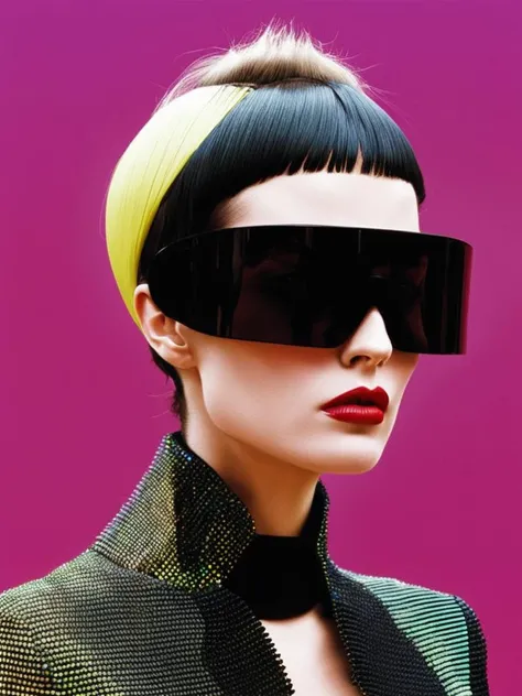 post-human posh:0.4, virtual rebel:0.3, glitched chic:0.3, avant-garde elegance:0.4 , by Jules-François Crahay and Gaby Jouval , <lora:Next_Fashion:1>