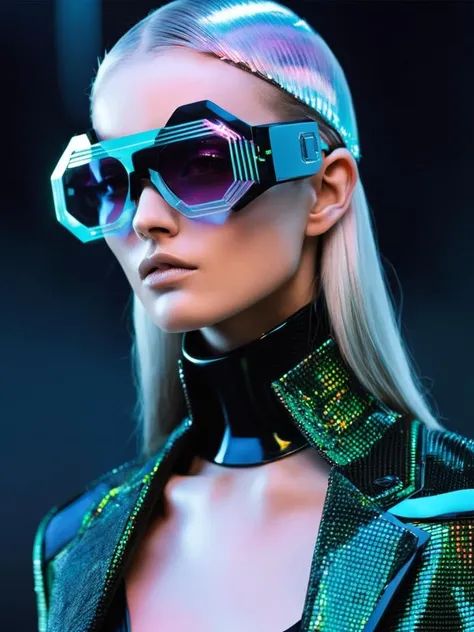 female model, professional photoshoot, sci-fi chic:0.4, futuristic haute couture:0.3, glitch aesthetic:0.3, haute couture:0.4 , portrait close up, by Balenciaga high fashion creator , 