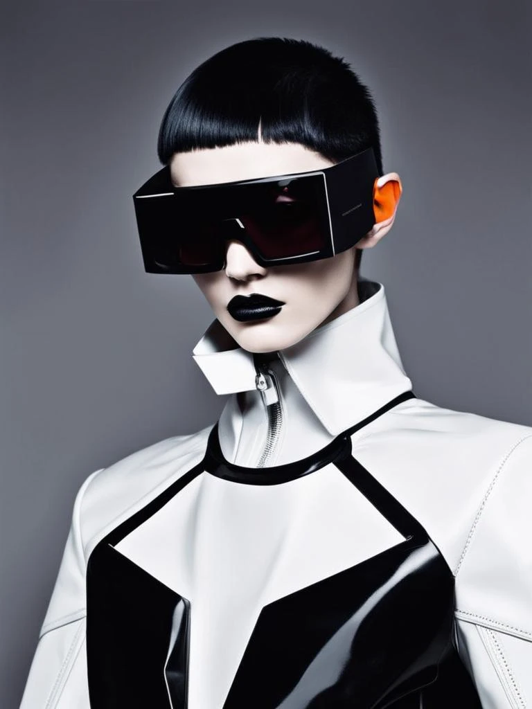 cyberpunk:0.4, futuristic:0.3, matrix-inspired:0.3, fashion editorial:0.4 , eyewear, by Rad Hourani and Ito Curata , <lora:Next_Fashion:1>