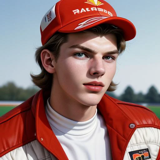 a close up of a young man wearing a red and white jacket, max verstappen, petra collins, portrait a 1 8 - - old , motorsports photography, for a catalogue, 1 9 8 0 s catalogue photo, small hat, uncropped, funny professional photo, national geographic photos, heavily upvoted, 1 / 4 portrait, no hd, high res photo