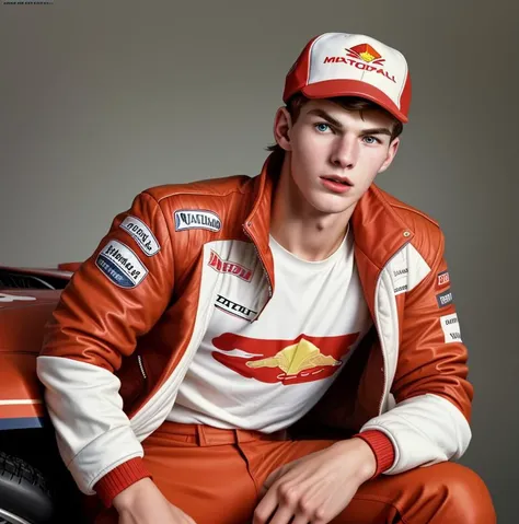 a close up of a young man wearing a red and white jacket, max verstappen, petra collins, portrait a 1 8 - - old , motorsports photography, for a catalogue, 1 9 8 0 s catalogue photo, small hat, uncropped, funny professional photo, national geographic photos, heavily upvoted, 1 / 4 portrait, no hd, high res photo