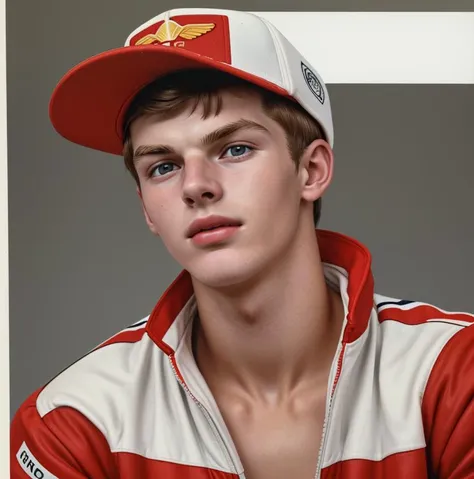 a close up of a young man wearing a red and white jacket, max verstappen, petra collins, portrait a 1 8 - year - old boy, motorsports photography, for a catalogue, 1 9 8 0 s catalogue photo, small hat, uncropped, funny professional photo, national geographic photos, heavily upvoted, 1 / 4 portrait, no hd, high res photo