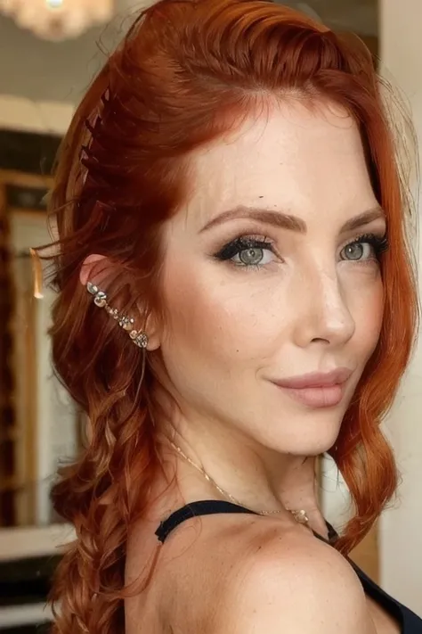 RAW photo, close up photograph of a sks woman, fit body, eyeliner, (small boops:1.1), red hair, (detailed facial features), fancy golden short dress, looking back, night time, badass, (high detailed skin:1.2), cleavage, ((detailed face, detailed skin)), from behind