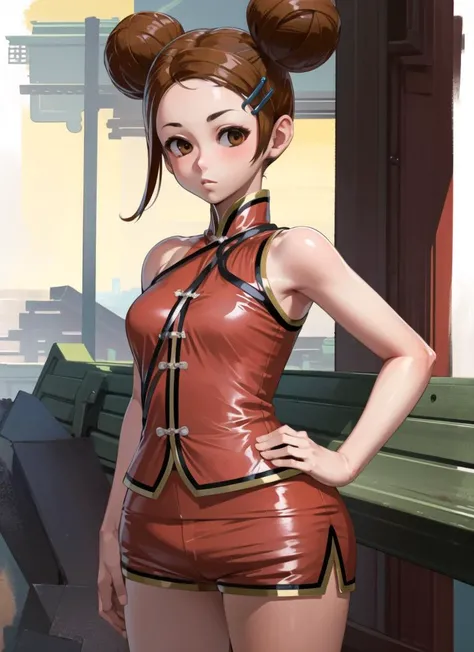 (masterpiece, best quality, high resolution),cowboy shot, 1girl, solo , muimuims, chinese clothes, hair ornament, hairclip, shorts, bare shoulders, china dress, <lora:MuiMuiMS:1>