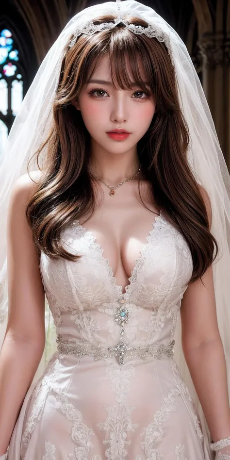 masterpiece,1girl,(mature female:0.5),tall body,golden proportions,(Kpop idol),(shiny skin:1.2),(oil skin:1.1),makeup,(close up),(church background),depth of field,(closed mouth:0.5),((long wavy brown hair)),(puffy eyes),(eyelashes:1.1),(parted lips:1.1),red lipstick,fantasy art style,dreamy light,(lace wedding dress:1.2),full body,(dreamy veil:1.1),(dusk:1.2),princess shoes,(diamond necklace),(crystal hairpin),tyndall effect,highres