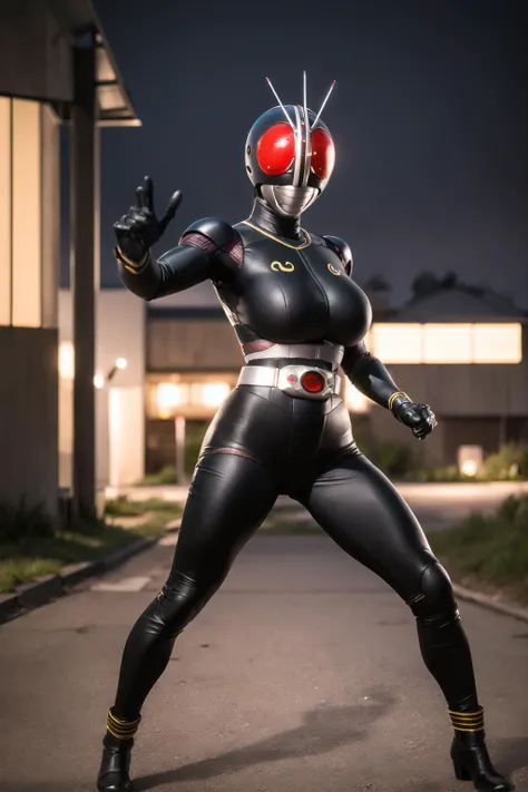 ((masterpiece,best quality)), absurdres, , Kamen_Rider_Black_RX, (1girl,solo, mature female,large breasts),faceless female, [abs], [looking at viewer], cowboy shot,female focus,skin tight bodysuit, outdoor backghround,night, dynamic pose,golden belt,glowing eyes <lyco:GoodHands-beta2:1.0> full body shot <lora:Kamen_Rider_Black-10:0.4> <lora:Kamen_Rider_Black_RX:0.6>
