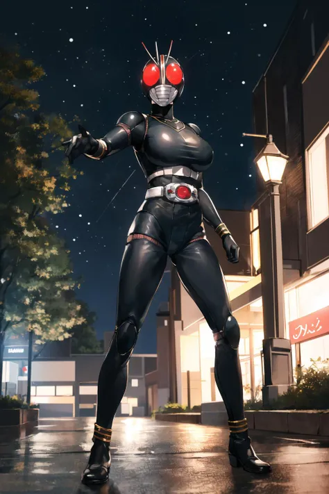 ((masterpiece,best quality)), absurdres, , Kamen_Rider_Black, (1girl,solo, mature female,large breasts),faceless female, [abs], [looking at viewer], cowboy shot,female focus,skin tight bodysuit, outdoor backghround,night, dynamic pose,golden belt,glowing eyes <lyco:GoodHands-beta2:1.0> full body shot <lora:Kamen_Rider_Black-10:0.6>
