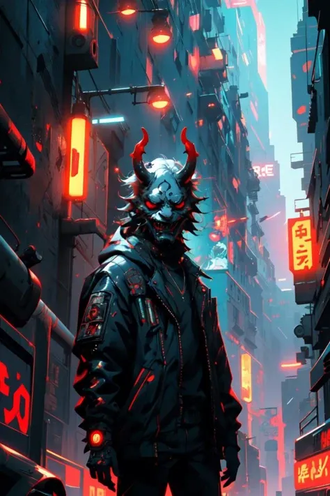 (best quality, ultra detailed), scifi, future, cyberpunk, 1boy, old man, solo, cowboy shot, looking viewer, oni_mask, (mask:1.2), <lora:oni_mask:0.9>, city, reflection, light particles, cinematic lighting,