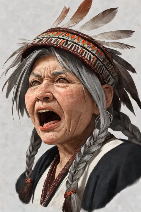 close-up photo portrait of a 100 yo old native american woman, grey hair, brown eyes, screaming face expression, twin braids, warbonnet, feathers, tribal, simple background