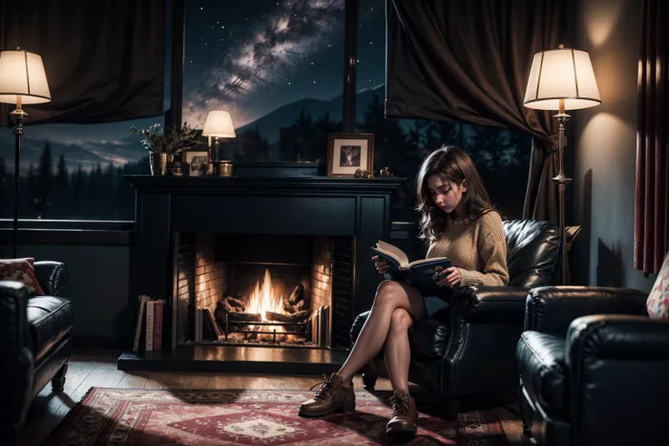 landscape,1girl reading book,detailed eyes,
livingroom at (midnight:1.5),(night vibes,night sky), fireplace, huge widow,hyperrealism,best quality,warm tone,cozy,
8k UHD,HDR, RAW photo, best quality, masterpiece, realistic, photo-realistic,super detailed texture,natural light,
<lora:add_detail:0.5>