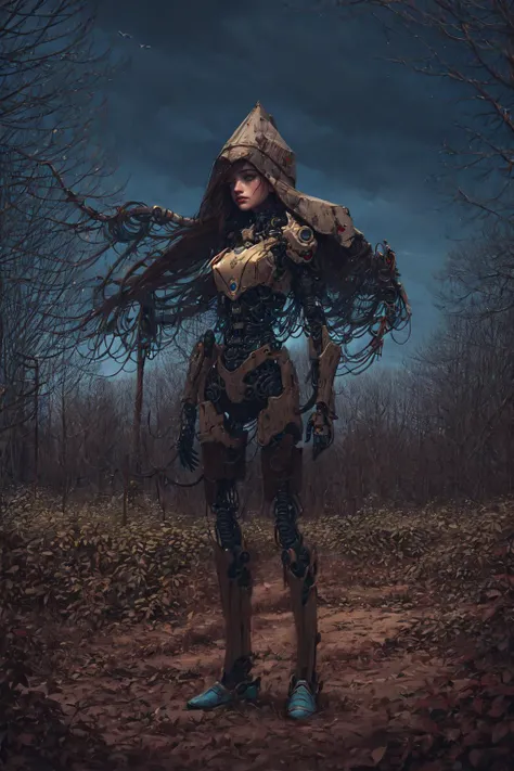<lora:Stalenh4g:0.94>,Stalenh4g, Embark on an imaginative journey to serene farmlands stretch as far as the eye can see. Among the fallow fields, ((Cyborg Focus)) We see a (((Close-up Full body shot))) of a slender 1female Cyborg, (((unclothed))) <lora:biomanic:1> mechanical parts, cyberpunk, science fiction, bio mechanical, android, cable, cyborg, and ((flaunting her full body cybernetics)). Wearing a Large round natural colored hemp beanie, ((she gazes directly at the camera)), BREAK The surreal scene is further enhanced as her long hair seamlessly merges with the dystopian countryside. fallow fields and abandoned farm building are visible and there is a dramatic sky. Beyond her, colossal mechas emerge from the trees, their metallic frames contrasting with the foliage and fields while Scattered sunbeams pass through the sad twisted trees. BREAK
raw photo, photorealistic, high detailed textures, 16k uhd, dslr, soft lighting, high quality, film grain, Fujifilm XT3, highly detailed photography, highly detailed, moody, epic, OverallDetail, gorgeous, 2000s vintage RAW photo, color graded cinematic, eye catchlights, atmospheric lighting, skin pores, imperfections, natural, shallow depth of field.