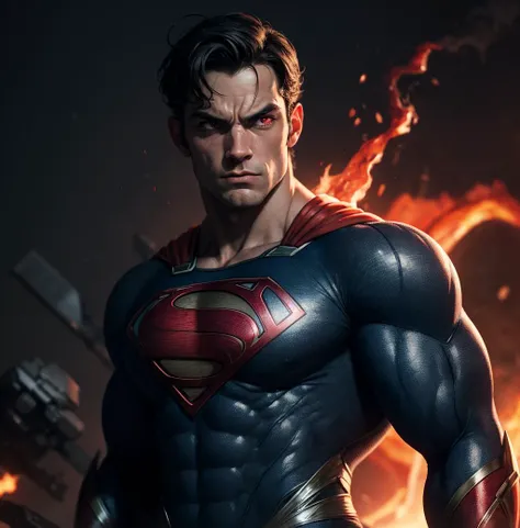 Man of steel, glowing red lava cracked eyes, raging superpower