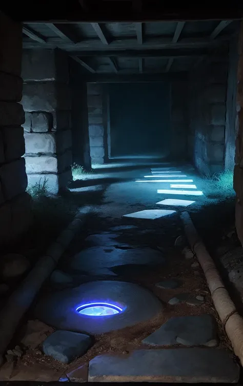 A dynamic Medium Long Shot of a bioluminescent organisms over a bead weaving tapestry,concrete flooring,soapstone stone