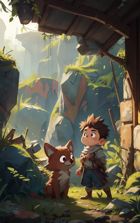 illustration, a Soft focus shot of Friends, ruined kingdom, trail <lora:COOLKIDS_MERGE_V2.5:1>