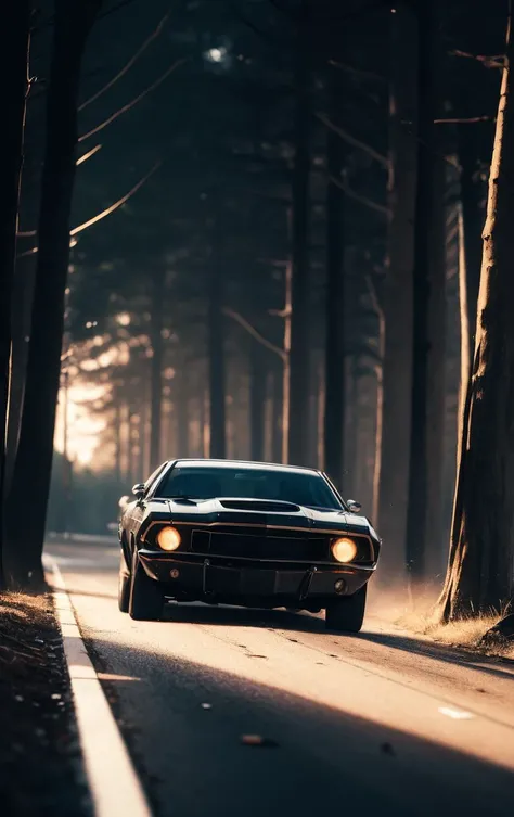 A dynamic Long Shot of a muscle car captured in natural light, (run on street), dusk, a forest in background