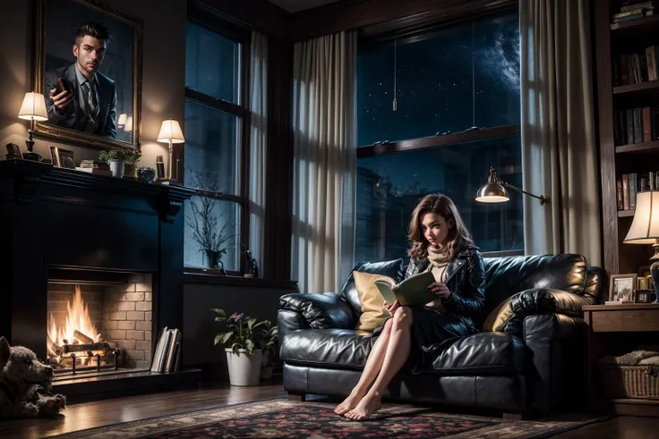 landscape,1girl reading book,detailed eyes,
livingroom at (midnight:1.5),(night vibes,night sky), fireplace, huge widow,hyperrealism,best quality,warm tone,cozy,
8k UHD,HDR, RAW photo, best quality, masterpiece, realistic, photo-realistic,super detailed texture,natural light,
<lora:add_detail:0.5>
