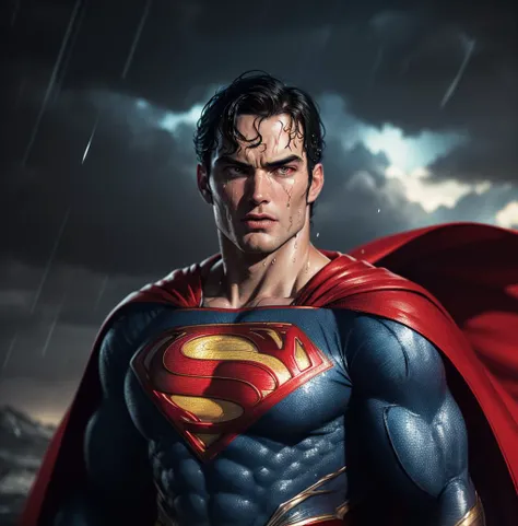(((The god superman, raging , ultra glowing red eyes, red myst from eyes, wet, tempest, raining, floating red cape))), huge storm ,wind and lightenings background
