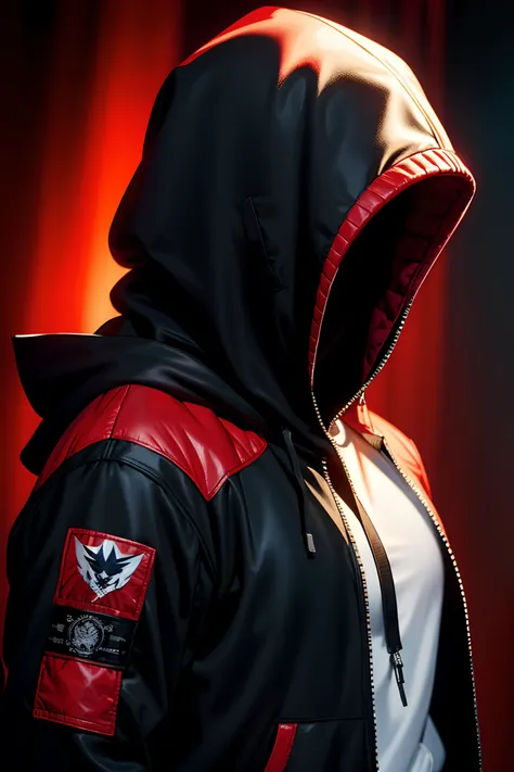 i want the whole image to be created in 3D anime style,  solo, looking at viewer, 1boy, jacket, upper body, male focus, hood, open jacket, hoodie, mask, hooded jacket, red jacket, hood up, white eyes