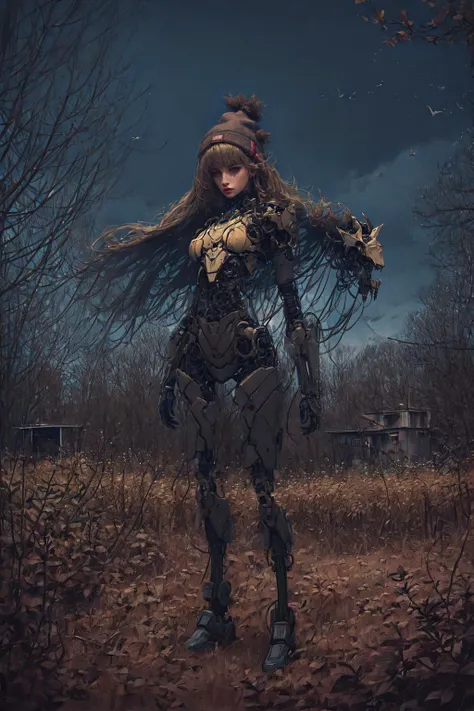 <lora:Stalenh4g:0.94>,Stalenh4g, Embark on an imaginative journey to serene farmlands stretch as far as the eye can see. Among the fallow fields, ((Cyborg Focus)) We see a (((Close-up Full body shot))) of a slender 1female Cyborg, (((unclothed)))  <lora:biomanic:1> mechanical parts, cyberpunk, science fiction, bio mechanical, android, cable, cyborg, and ((flaunting her full body cybernetics)). Wearing a Large round natural colored hemp beanie, ((she gazes directly at the camera)),   BREAK The surreal scene is further enhanced as her long hair seamlessly merges with the dystopian countryside. fallow fields and abandoned farm building are visible and there is a dramatic sky. Beyond her, colossal mechas emerge from the trees, their metallic frames contrasting with the foliage and fields while Scattered sunbeams pass through the  sad twisted trees. BREAK
raw photo, photorealistic, high detailed textures, 16k uhd, dslr, soft lighting, high quality, film grain, Fujifilm XT3, highly detailed photography, highly detailed, moody, epic, OverallDetail, gorgeous, 2000s vintage RAW photo, color graded cinematic, eye catchlights, atmospheric lighting, skin pores, imperfections, natural, shallow depth of field.