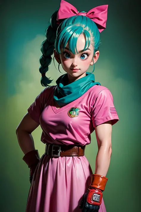 A happy medium portrait of Bulma, dragon ball, blmpony, aqua hair, hair ribbon, braided ponytail, pink shirt, belt, scarf, pink skirt, clothes writing, brown gloves, medium breasts, (made by Akira Toriyama) <lora:bulma_9:0.5>