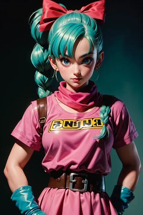 A happy medium portrait of Bulma, dragon ball, blmpony, aqua hair, hair ribbon, braided ponytail, pink shirt, belt, scarf, pink skirt, clothes writing, brown gloves, medium breasts, (made by Akira Toriyama) <lora:bulma_9:0.5>