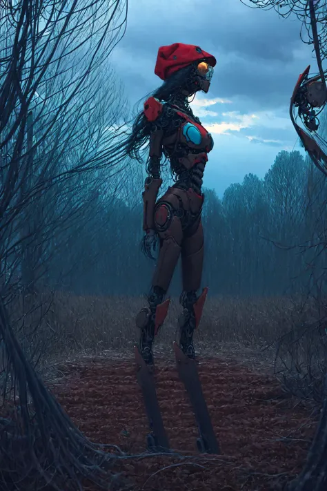 <lora:Stalenh4g:0.94>,Stalenh4g, Embark on an imaginative journey to serene farmlands stretch as far as the eye can see. Among the fallow fields, ((Cyborg Focus)) We see a (((Close-up Full body shot))) of a slender 1female Cyborg, (((unclothed)))  <lora:biomanic:1> mechanical parts, cyberpunk, science fiction, bio mechanical, android, cable, cyborg, and ((flaunting her full body cybernetics)). Wearing a Large round natural colored hemp beanie, ((she gazes directly at the camera)),   BREAK The surreal scene is further enhanced as her long hair seamlessly merges with the dystopian countryside. fallow fields and abandoned farm building are visible and there is a dramatic sky. Beyond her, colossal mechas emerge from the trees, their metallic frames contrasting with the foliage and fields while Scattered sunbeams pass through the  sad twisted trees. BREAK
raw photo, photorealistic, high detailed textures, 16k uhd, dslr, soft lighting, high quality, film grain, Fujifilm XT3, highly detailed photography, highly detailed, moody, epic, OverallDetail, gorgeous, 2000s vintage RAW photo, color graded cinematic, eye catchlights, atmospheric lighting, skin pores, imperfections, natural, shallow depth of field.
