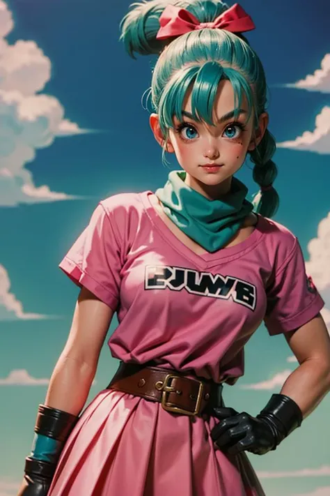 A happy medium portrait of Bulma, dragon ball, blmpony, aqua hair, hair ribbon, braided ponytail, pink shirt, belt, scarf, pink skirt, clothes writing, brown gloves, medium breasts, (made by Akira Toriyama) <lora:bulma_9:0.7>