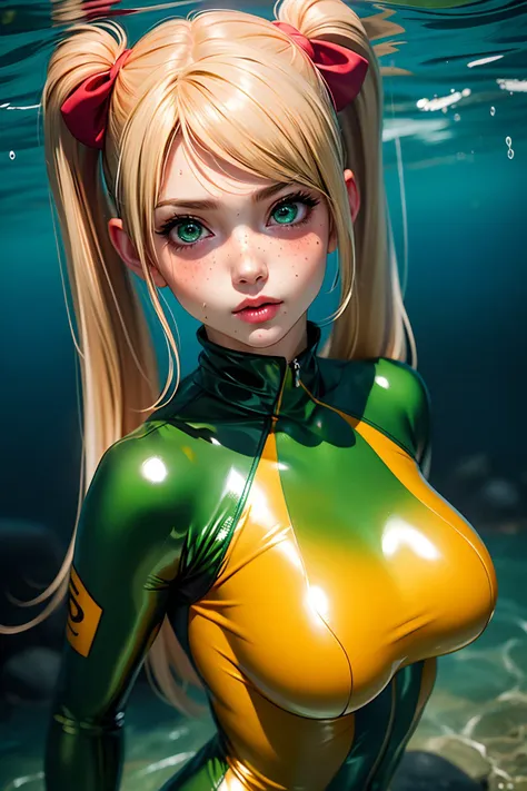 ((Super Realistic)), (((tentacles between legs))),(Blonde Curly Hair), Ponytail, (((Super Boobs))), ((Busty Body)), (Big Tits), ((Busty Boobs)), (Big Butt), (Big Butt) ,  peerless beauty, (extreme beauty), long legs, (((wearing tentacle suit))), (ruby necklace), (gem earrings), ((stockings)), beauty spot, (mature royal sister), (red lips), (touch tits), (shy), (seductive smile) , facing camera, ((in the huge swimming pool)), the water surface is reflective, the water is splashing, (clothes are soaked), ((leaning forward)), (front view), ((hands cowering breasts))