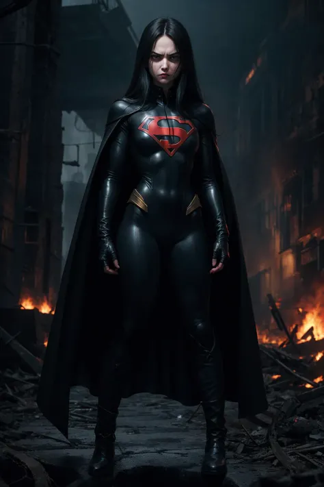 long straight black hair, angry, mad, filled with hatred, insane, evil, corrupted, Supergirl, teared black suit, half fingers gloves, teared black pants, teared long black cape, black combat boots, 8k, professional art, full body, hyperealistic, high contrast, dystopian, bleak, grim, dark, post apocalyptic ruins, city burning, sky burning,