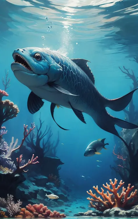 famous artwork (by jeff miracola:1.1), detailed expressive eyes, fantasy style, the legendary desert muscleslinger, an enormous and majestic underwater creature, its large iridescent fins and hurlydurl glistening as it squishifies through a juxtaflurged coral reef with its vibrant sea life and the submerged elminstered ruins of planet gigglesphere prime