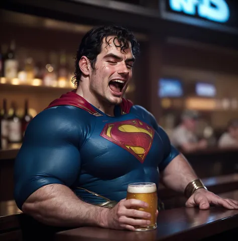 (((Suit too small, Messy greasy hair, Unshaven, tired,, super chubby Henry Cavill,((super fat Henry Cavill)), sweaty, (((drunk)))man of steel laughing like a dumb ))) , dirty used torn costume,((drinking tons of beers in a bar)), eating greasy supersize hamburgers, people laugh