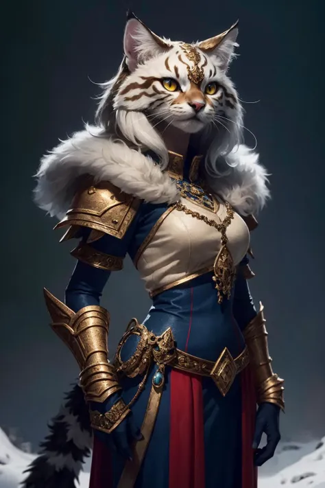 Shaman tabaxi female tan spotted fur tabaxi lynx, thin build, wearing intricate mail armor, holding a gnarled staff adorned with mushrooms and bone, realistic render, Dungeons and Dragons, Fantasy, octane render, zbrush. Character design, photorealistic, unreal engine, hyper-detailed, concept art, trending on art station. ((best quality)), ((masterpiece)), ((realistic)), (detailed), close up portrait, full body portrait, , highly detailed fur, looking at the viewer, Fantasy art, stunning gradient colors, no watermark signature, closed mouth, detailed background, snowy background, closed mouth, insanely detailed, ((masterpiece)), absurdres, HDR.<lora:Elixir:1>