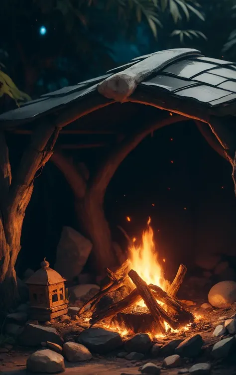 ((An outside)) Full Shot of an fantasy mystical crystal ball chamber, obsidian stone,metal roofing roof, campfires,bioluminescent fungi, wall grazing, edible plant around it