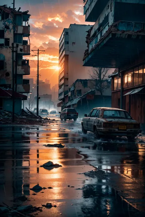 ((best quality)), ((masterpiece)), ((inked)), majestic intricately detailed soft by jim lee, (landscape shote of a post apocalyptic ruined rainy city:1.2),dusty crumbling rubble, desolate, scorching sun, sun set, somber, (backlit:1.3), highres, depth of field, (deep shadows:1.2), high detail, sharp focus, smooth, roughness, real life, backlit, photorealism, photography, cinematic Film still from the void|the walking dead<lora:Elixir:1>