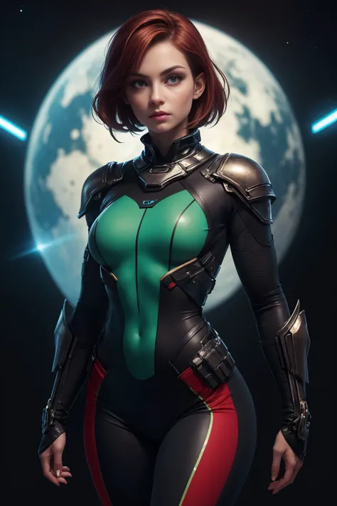 (masterpiece, best quality:1.2), a futuristic picture, (woman with beautiful body), (skin tight), spandex, (((body armor))), fit body, toned, defined, (looking at camera), ((cameltoe)), space scene, scifi , hyperrealistic, (((detailed face))), short red hair, green eyes